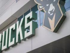 Milwakee Bucks text and logo at NBA Basketball Fiserv Forum arena