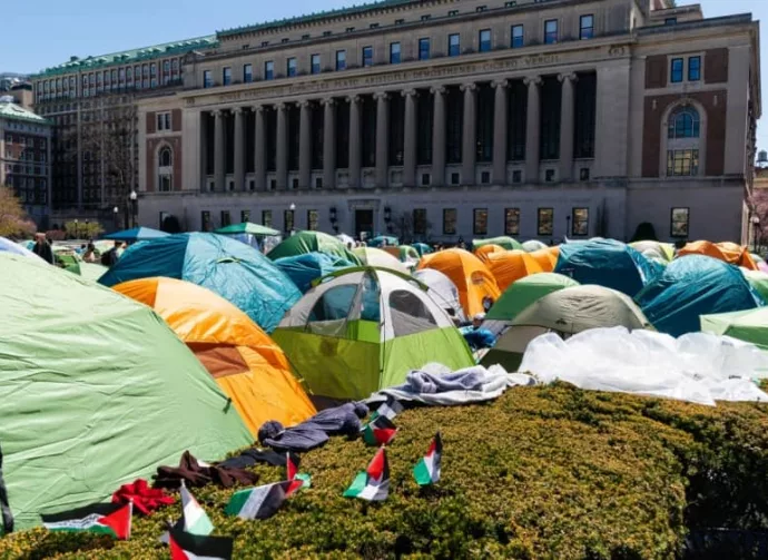 Pro-Palestinian supporters set up a protest encampment on the campus of Columbia University in New York as seen on April 22^ 2024