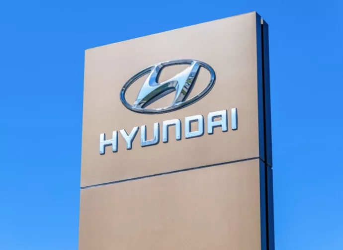 Hyundai dealership sign against a blue sky bacground. Hyundai Motor Company is a South Korean multinational automotive manufacturer