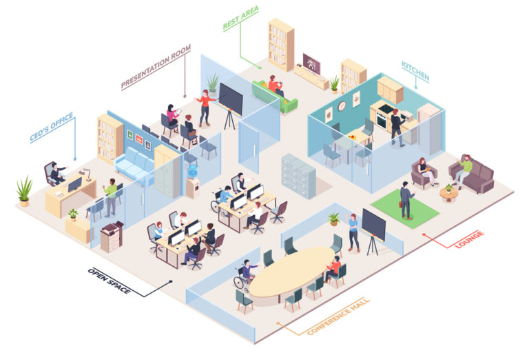 illustration of modern office with sound challenges