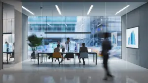 Group of people working in a modern board room or conference room with glass walls and people in hallway.