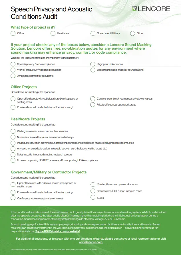 Facility manager checklist for evaluating and improving office acoustics in open plan offices.
