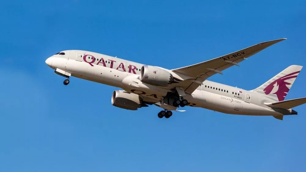 Passenger jet Qatar Boeing taking off at Budapest - Liszt F - international airport. Hungary Budapest Jun. 14^ 2021