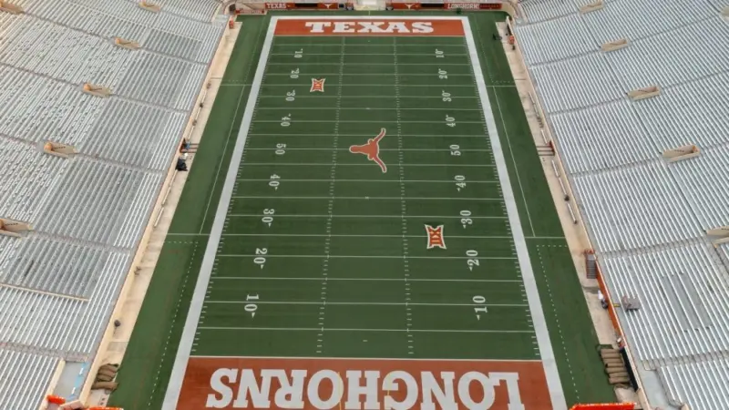 Birds Eye View of Texas Memorial Stadium^ Home of the Texas Longhorns Football Team AUSTIN^ US - May 28^ 2019