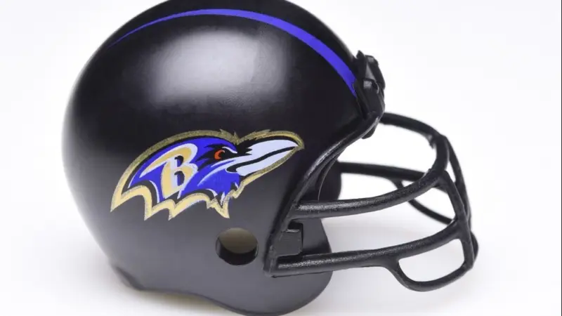 Mini Collectable Football Helmet for the Baltimore Ravens of the American Football Conference North.IRVINE^ CALIFORNIA - AUGUST 30^ 2018: