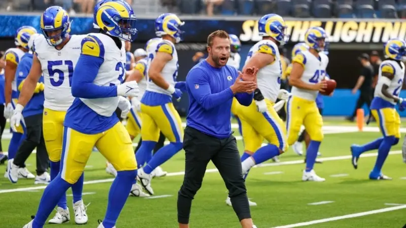 LA Rams head coach Sean McVay warms up prior to an NFL football pre-season game against the LA Chargers at SoFi Stadium^ Saturday^ Aug. 17^ 2024^ in Inglewood^ Calif