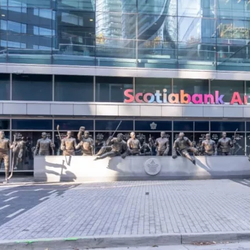 life-sized statues of former Maple Leaf players on Legends Row Outside Scotiabank Arena in Toronto^ Canada.