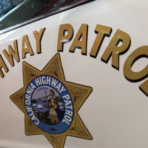 California Highway Patrol sign on a US police car.