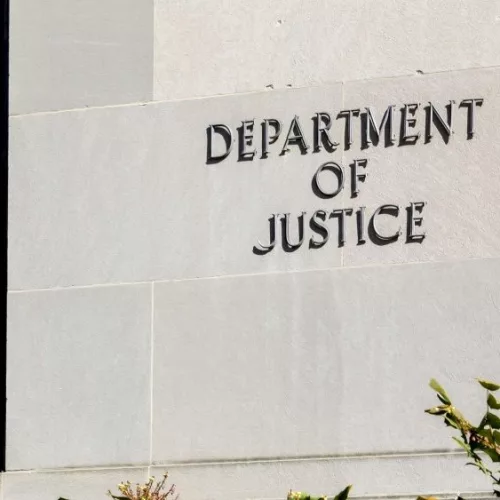 Sign of United States Department of Justice(DOJ) on their headquarters building in Washington^ D.C. USA. Washington D.C.^ USA - March 1^ 2020