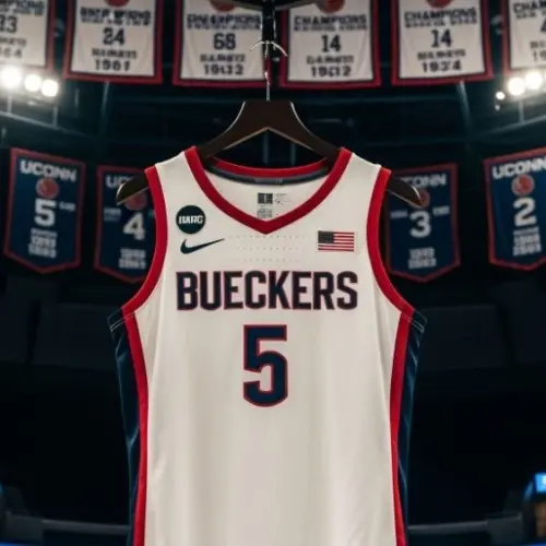 Former UCONN standout Paige Bueckers jersey #5 hanging in the Uconn arena