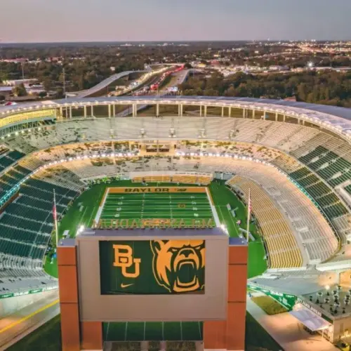 Waco^ Texas - November 15^ 2019: McLane stadium prepares for College Gameday ahead of the 12th ranked Baylor Football Team's home rivalry game against the Oklahoma Sooners.