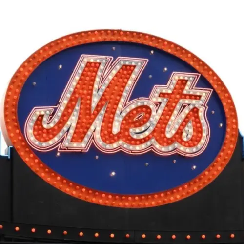 Classic New York Mets logo^ carried over to Citi Field from old Shea Stadium^ on top of the Shake Shack on May 26^ 2009 in New York.