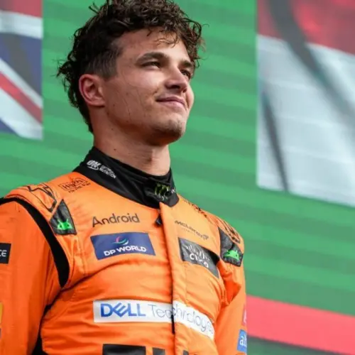 Lando Norris of McLaren looks up after coming in first place at the Trophy Ceremony during F1 - Heineken Dutch GP ZANDVOORT^ NETHERLANDS - AUGUST 25 2024