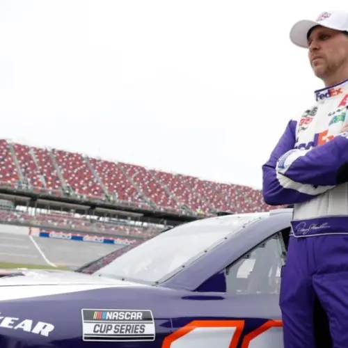 Denny Hamlin gets ready to qualify for the GEICO 500 in Lincoln^ AL^ USA. April 20^ 2024 - Lincoln^ AL^ USA