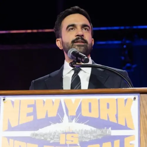 NYC Zohran Mamdani speaks during 'New York is not for sale' rally at Forest Hill Stadium in New York on October 26^ 2025.