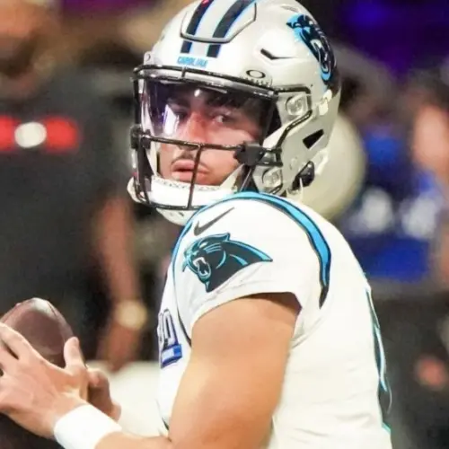 Carolina Panthers quarterback Bryce Young (9) warms up before the game against the Atlanta Falcons on January 5^ 2025 at Mercedes-Benz Stadium.