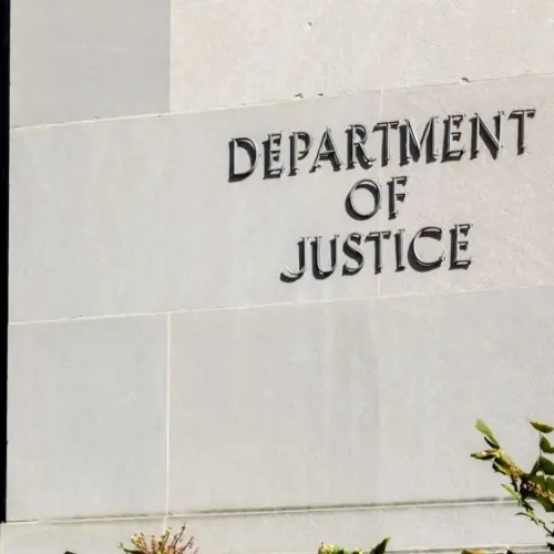 Sign of United States Department of Justice(DOJ) on their headquarters building in Washington^ D.C. USA. Washington D.C.^ USA - March 1^ 2020: