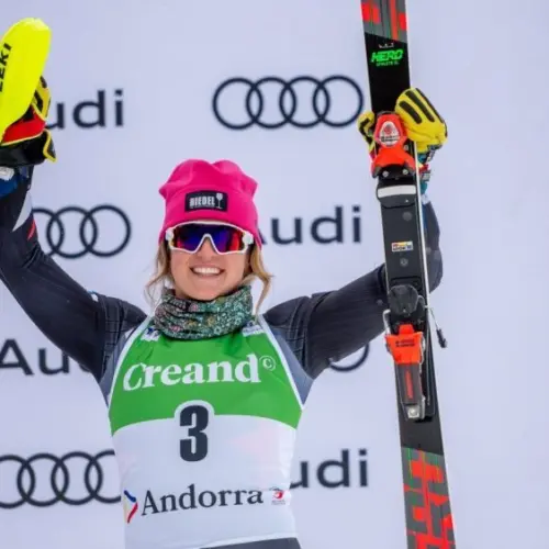 Paula MOLTZAN of USA on the podium during the trophy ceremony in Audi FIS Alpine Ski World Cup 2024 Slalom Discipline Women's on February 10^ 2024 in Soldeu^ Andor