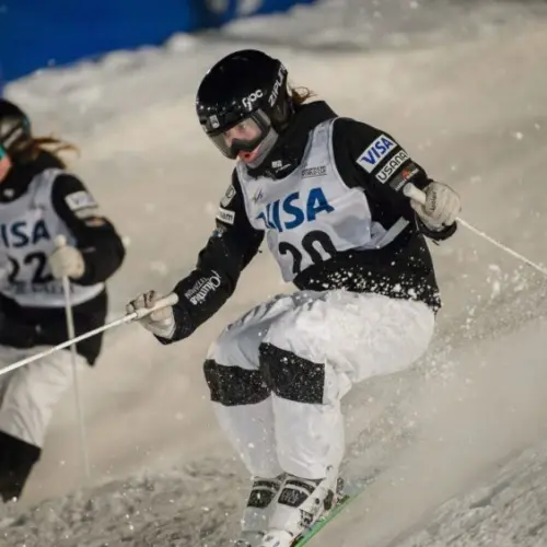 Jaelin Kauf (right) vs Olivia Giaccio (left) at the FIS Freestyle World Cup Moguls competition in Deer Valley^ UT on February 04^ 2017
