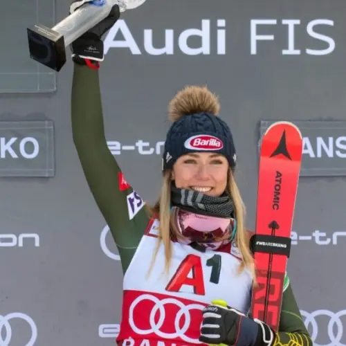 Mikaela Shiffrin (USA) takes 1st place during a women's World Cup Super-G in Bansko JANUARY 26^ 2020 ^ Bulgaria BANSKO^ BULGARIA - JANUARY 26^ 2020