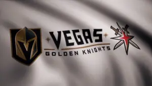 Waving flag with Vegas Golden Knights NHL hockey team logo. Close-up of waving flag with Vegas Golden Knights NHL hockey team logo^ seamless loop. Editorial footage