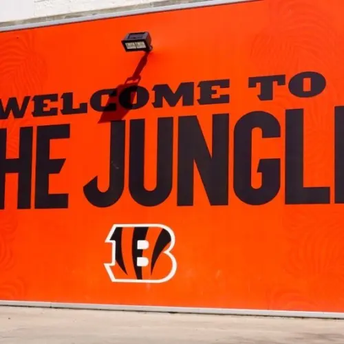 The 65^515 seat Paycor Stadium on the banks of the Ohio River is home to the NFL Cincinnati Bengals Cincinnati^ OH^ USA - March 17^ 2024 'Welcome To the Jungle' sign with'Bengals' logo