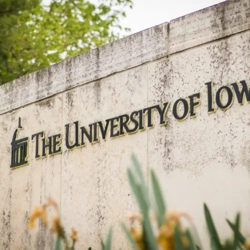 University of Iowa entrance sign at Hawkeyes' college campus Iowa City^ IA - May 23^ 2022