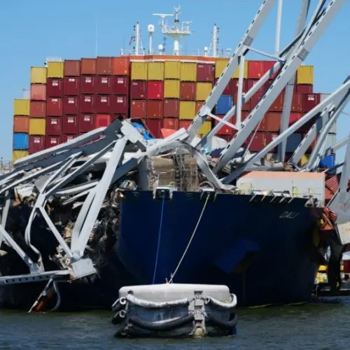 Container vessel Dali is trapped and aground under the wreckage of the Francis Scott Key Bridge in Baltimore. Baltimore^ MD USA - 4-23-2024