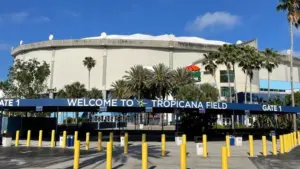 A path leads to the entrance of Tropicana Field^ a domed baseball stadium in St Petersburg^ Florida and home to the Tampa Bay Rays St Petersburg^ FL^ USA May 2^ 2024