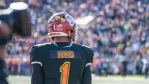QB Jalen Hurts looks onto the field during 2020 Senior Bowl football ball game Mobile^ Alabama USA - January 25 2020