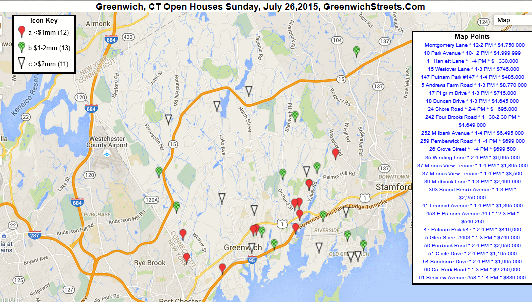 Map of Greenwich, CT Open Houses for Sunday, July 26, 2015