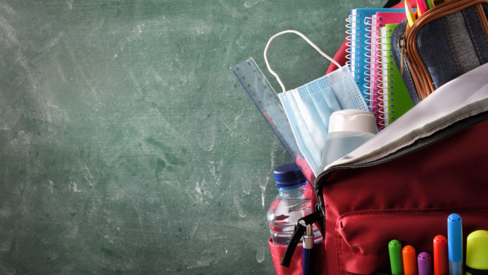 backpackfullofschoolsupplieswithmaskandgelprotection