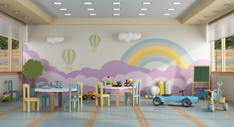 colorfulkindergartenclasswithoutchildsschooldeskchairtoyanddecorationon