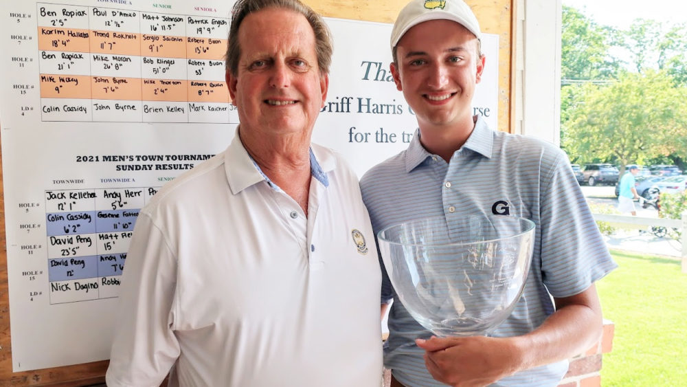 Former Greenwich High School standout and current Georgetown University student Ben Ropiak is all smiles after claiming the 76th annual Greenwich Townwide Men's Golf championship. Standing next to Ropiak is Joe Felder, longtime organizer of the event, who is retirning.