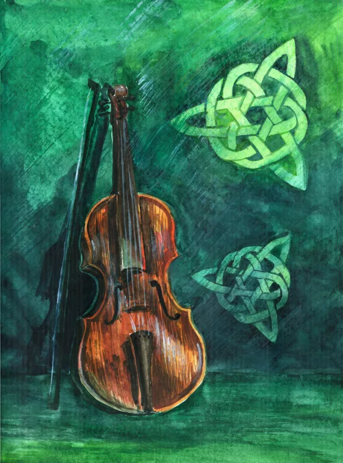 irishviolinfiddlewithfiddlestickorangebrownongreenand