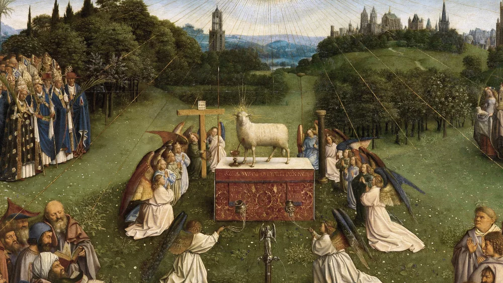 The Ghent Altarpiece (open) newly restored panel “The Adoration of the Mystic Lamb” by Hubert and Jan van Eyck. Photo © Lukas - Art in Flanders, 1432. (Closertovaneyck.kikirpa.be)