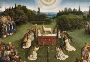 The Ghent Altarpiece (open) newly restored panel “The Adoration of the Mystic Lamb” by Hubert and Jan van Eyck. Photo © Lukas - Art in Flanders, 1432. (Closertovaneyck.kikirpa.be)