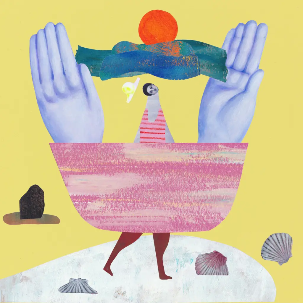 maiko-kikuchi-catching-the-sunset-2025-acrylic-paint-colored-paper-colored-pencil-on-paper-18-x-18-in