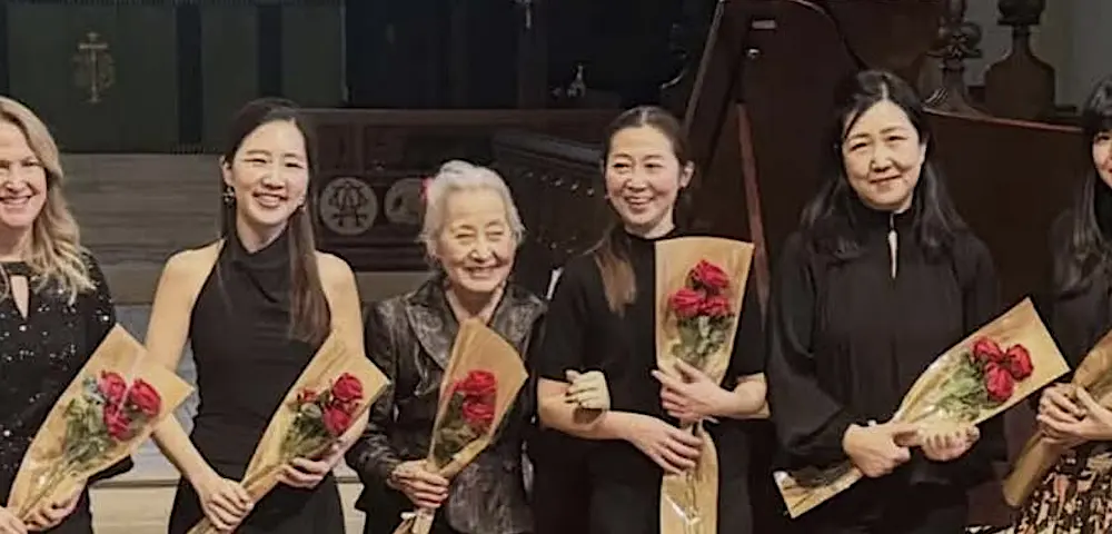 Naomi Onda, Heymin Sohn, Rebecca J. Carda Leigh, and Dr. Jin Lee following their opening performance of Albert Lavignac’s Galop Marche Quartet for eight hands at one piano during Concert & Cake.