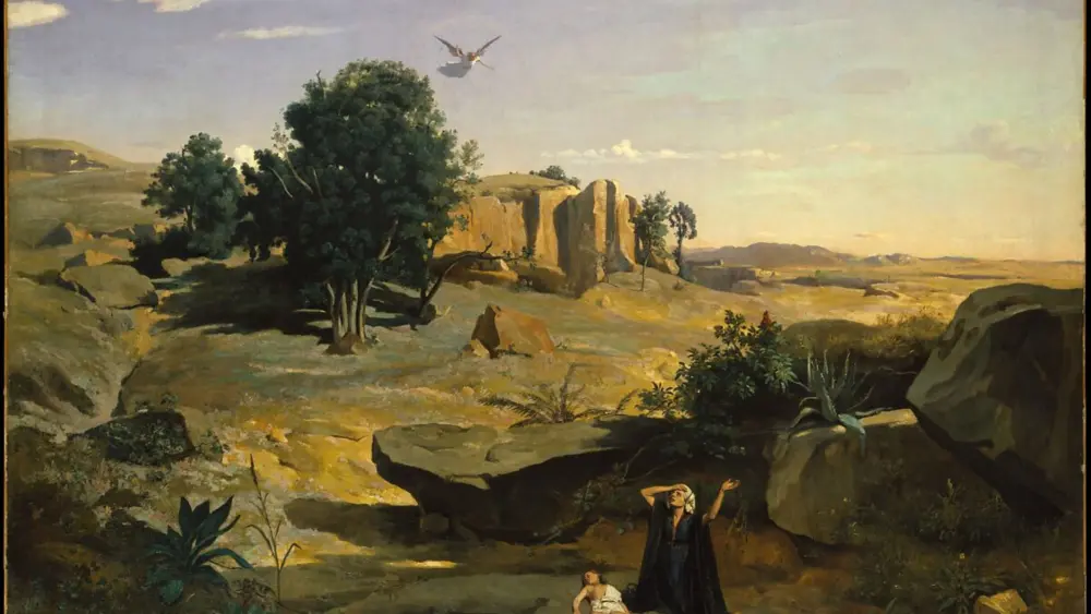 Jean Baptiste Camille Corot’s landscape painting, “Hagar in the Wilderness,” with oak trees in background.” Contributed photo.