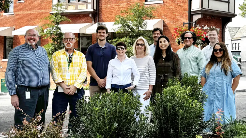 L to R: Commissioner James Michel, Tree Warden Greg Kramer, DPW Engineer Michael Kesilak, landscape designer Kim Conte, GG&C board chair, JoAnn Messina, GG&C executive director Kanako MacLennan, in rear James Doyle Design Associates: Justin Quinn, Matthew Willinger, and Alex Bowler, and Maggie Bridge of Bridge Nurseries. Photo by Sherry Brown