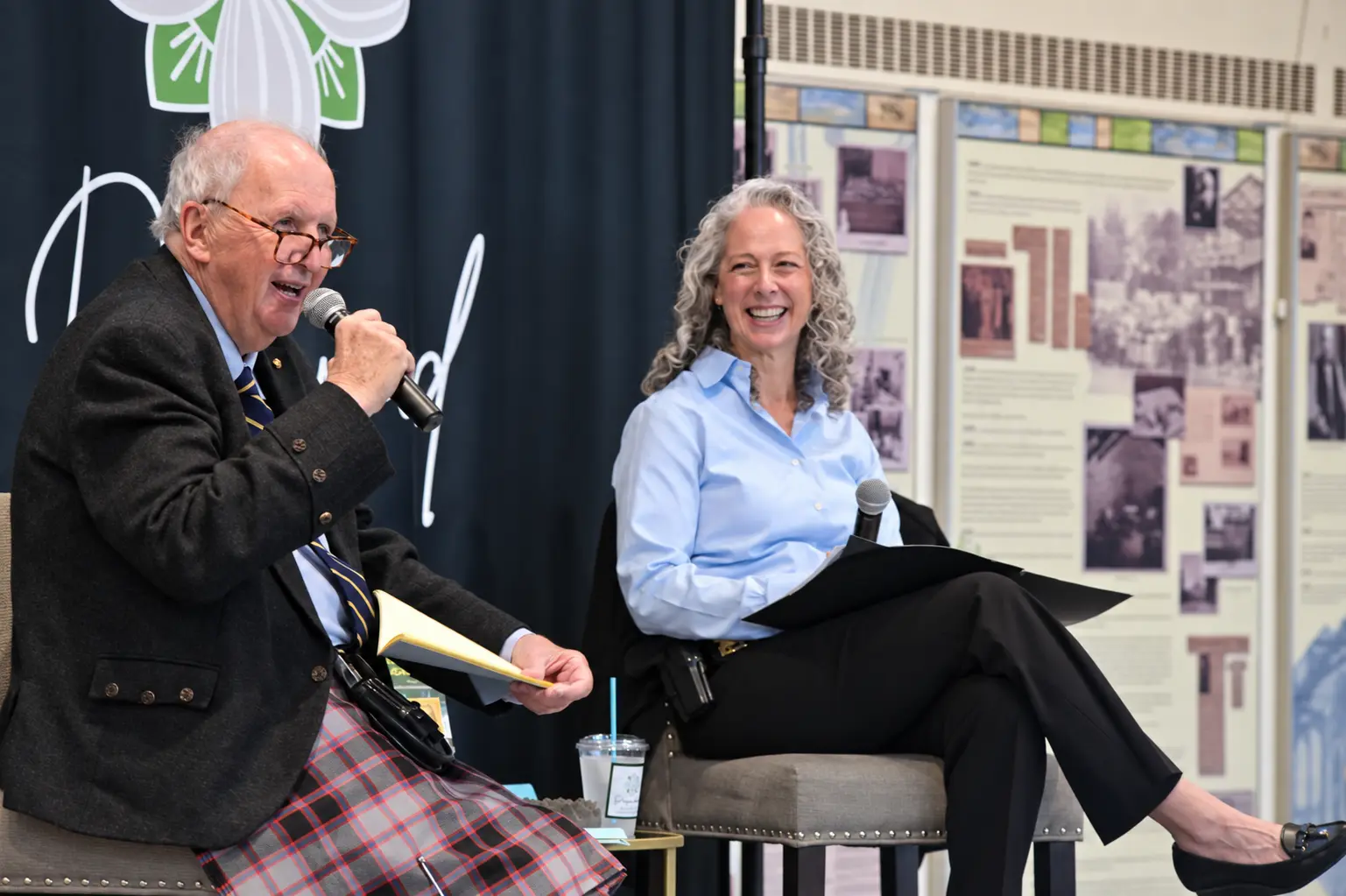 Sir Alexander McCall Smith shares a laugh with Greenwich Detective Christy Girard