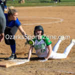 Freshman Gracycn Rouse gets picked off 1st Base by Cabool's Catcher: Thayer Lady Bobcats, Cabool Lady Bulldogs, Softball, Thayer High School, Thayer MO, April 18 2022, Ozark Sports Zone
