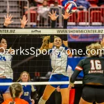 231103-C1-SEIMI-FINAL-VOLLEYBALL-GR-823: Galena's Maribelle Martin and Galena's Melanie Rice block during a class 1 semifinal girls volleyball match on Friday, Nov. 3, 2023, at Show Me Center in Cape Girardeau, Mo.  Gordon Radford | Special to the O-Zone