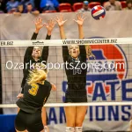 231103-C2-SEIMI-FINAL-VOLLEYBALL-GR-116-2: Fair Grove's Hannah Maxwell and Fair Grove's Abbey Green go up for a block during a class 2 semifinal girls volleyball match on Friday, Nov. 3, 2023, at Show Me Center in Cape Girardeau, Mo.  Gordon Radford | Special to the Ozone