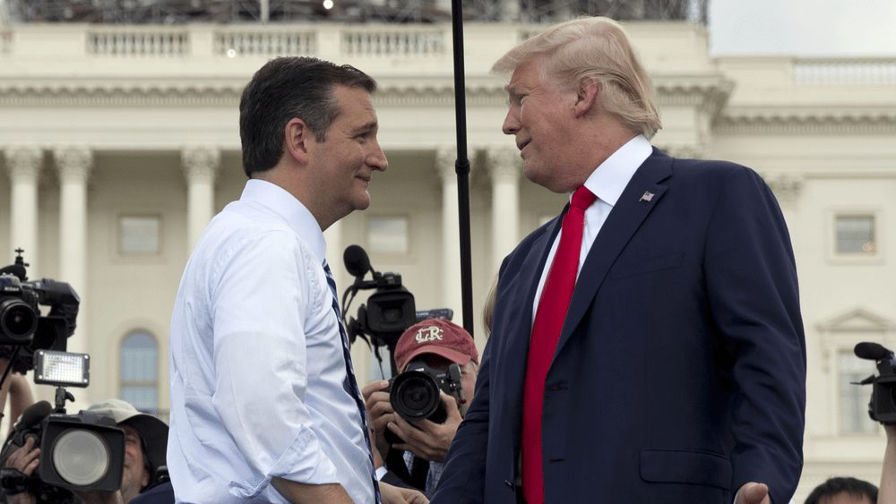 Donald Trump shakes hand with Ted Cruz