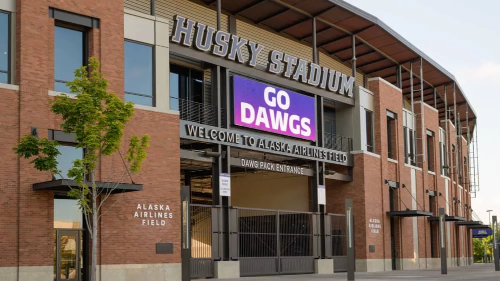 University of Washington Husky Stadium with Go Dawgs sign and welcome to Alaska Airlines Field
