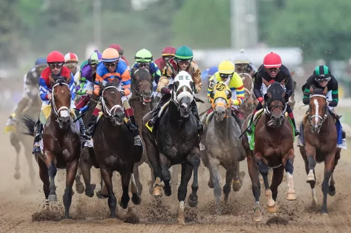 Field of 20 horses racing in the Kentucky Derby