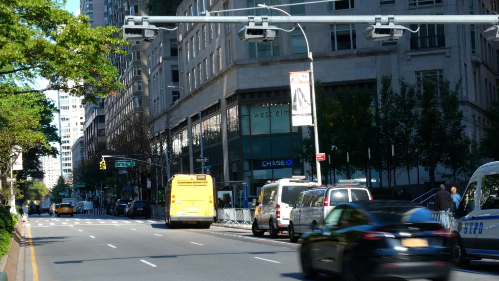 A congestion pricing scanner is shown above the north-bound side of Broadway, between West 60th and 61st St. in Manhattan