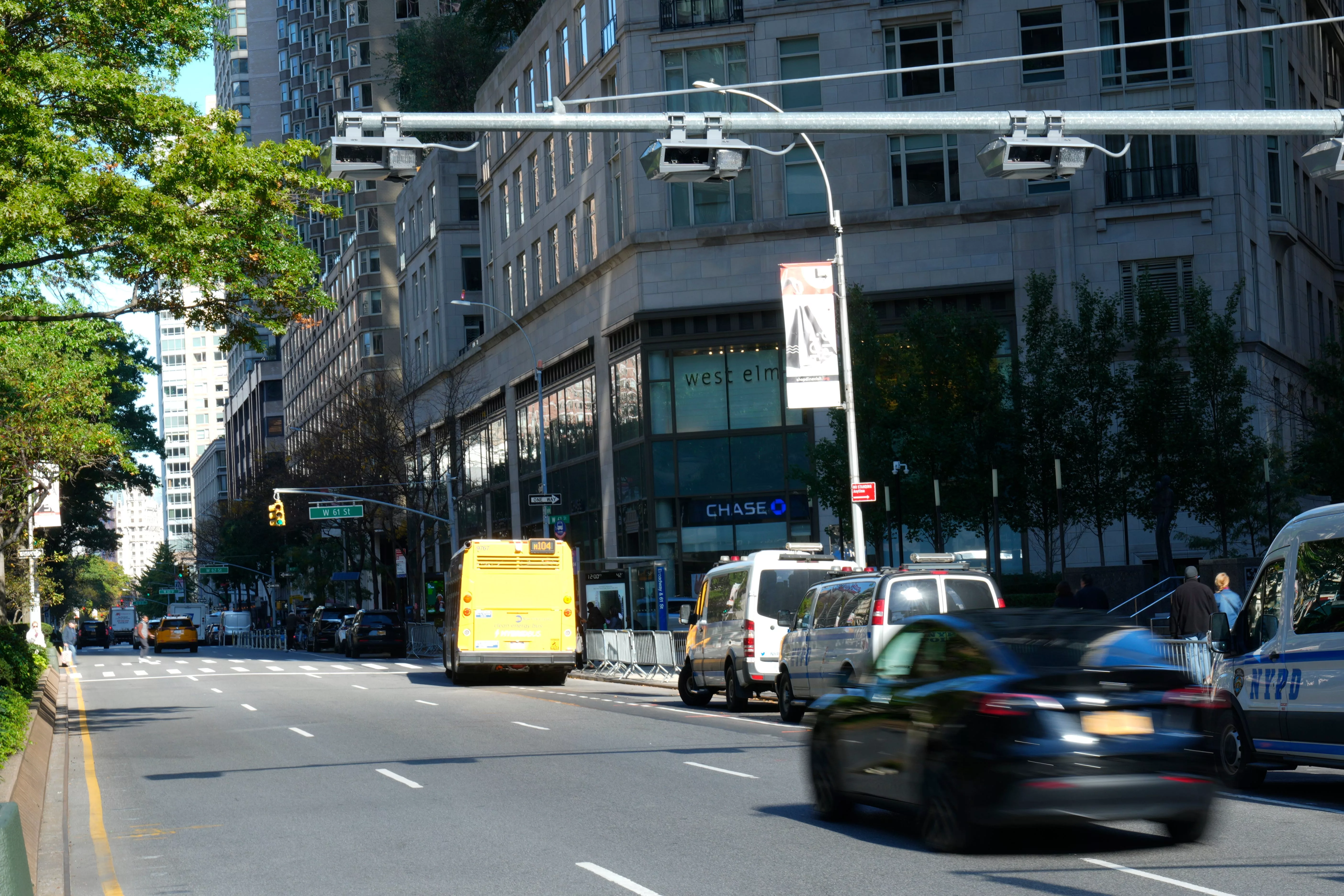 A congestion pricing scanner is shown above the north-bound side of Broadway, between West 60th and 61st St. in Manhattan